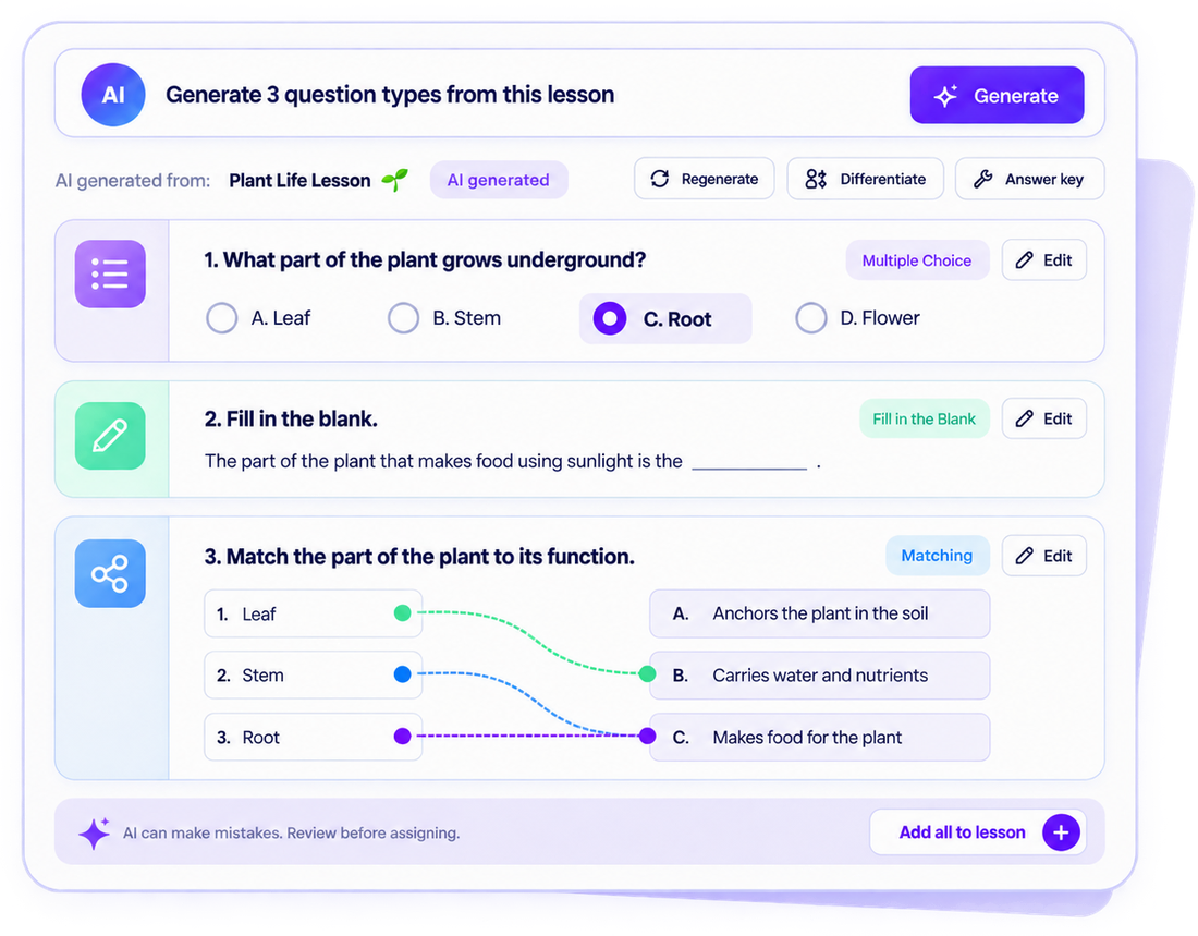 EduCAD AI assistant: three generated question types ready to add to a lesson